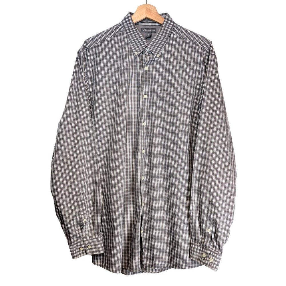 Eddie Bauer Men’s Tall Large Gray Plaid Wrinkle Free Relaxed Fit Button Shirt